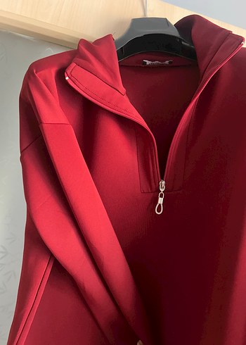 Koyu Kırmızı Fermuarlı Yüksek Yaka Sweatshirt - Görsel 4