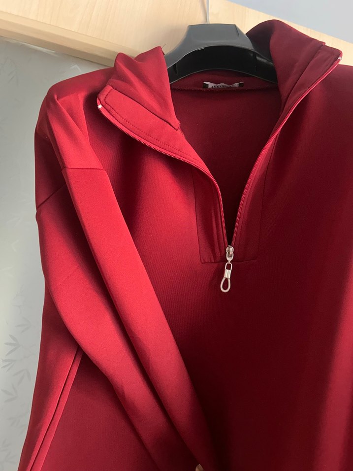 Koyu Kırmızı Fermuarlı Yüksek Yaka Sweatshirt - Görsel 4