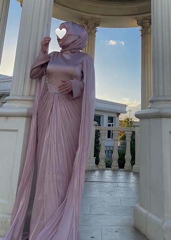 diğer Beden Pembe Uzun Kollu Drapeli Abiye Elbise