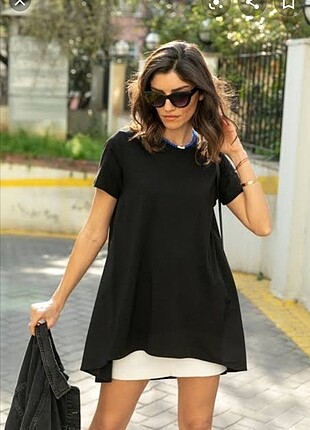 Kadın Siyah Önü Penye Arkası Poplin Asimetrik T-shirt Siyah/ Bey