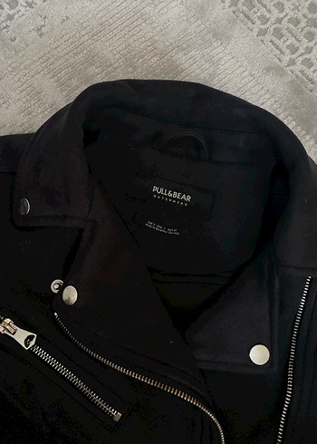 Siyah Süet Kemerli Biker Kadın ceket pull and bear - Görsel 5