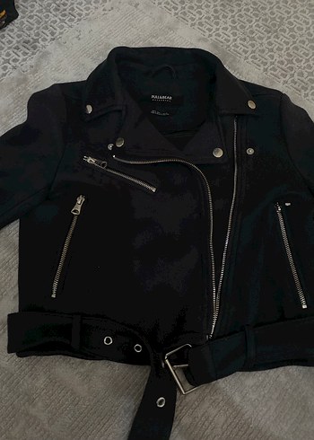 Siyah Süet Kemerli Biker Kadın ceket pull and bear - Görsel 3