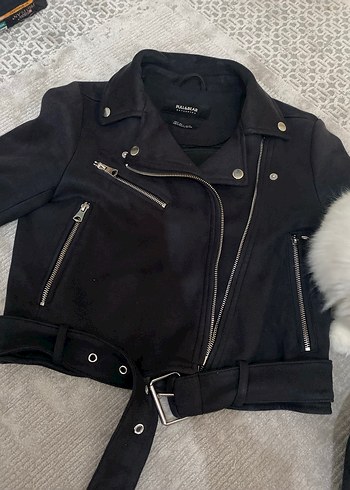 Siyah Süet Kemerli Biker Kadın ceket pull and bear - Görsel 4