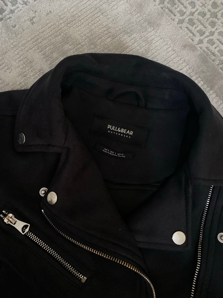 Siyah Süet Kemerli Biker Kadın ceket pull and bear - Görsel 5