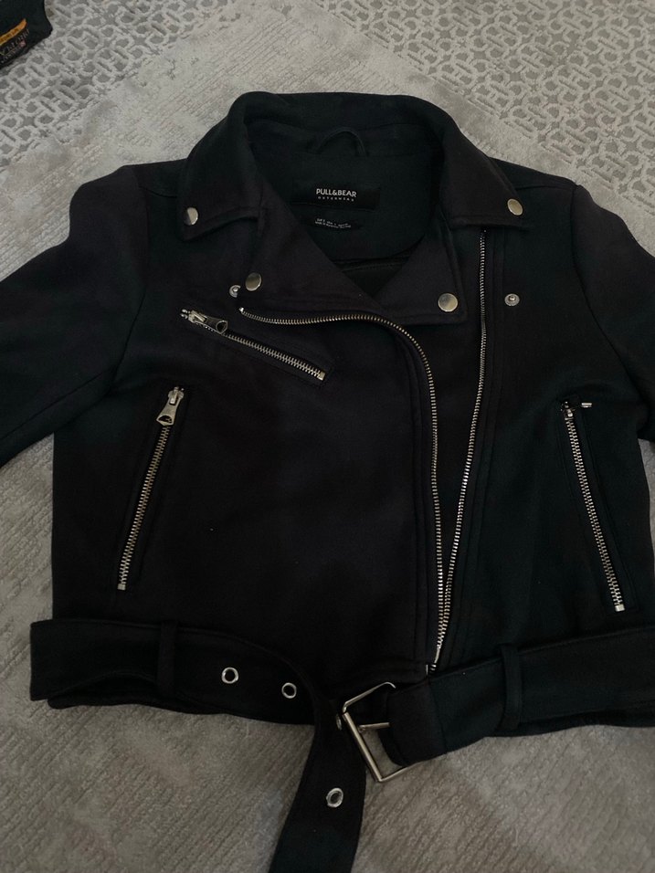 Siyah Süet Kemerli Biker Kadın ceket pull and bear - Görsel 3