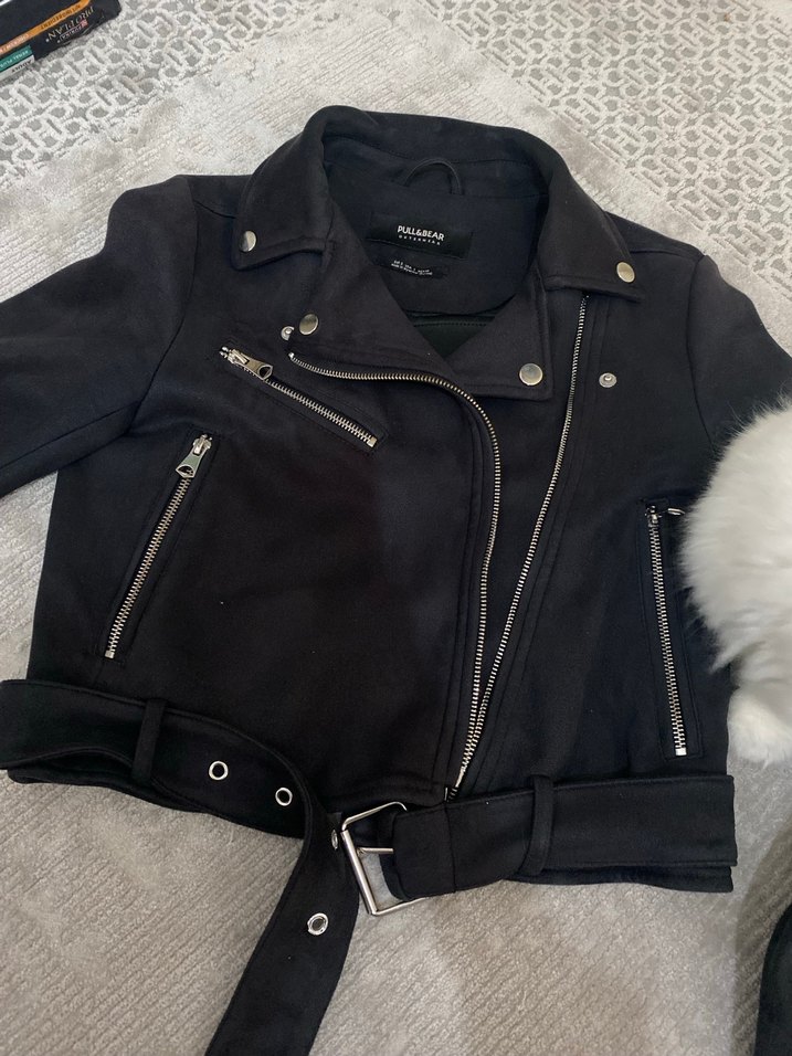 Siyah Süet Kemerli Biker Kadın ceket pull and bear - Görsel 4