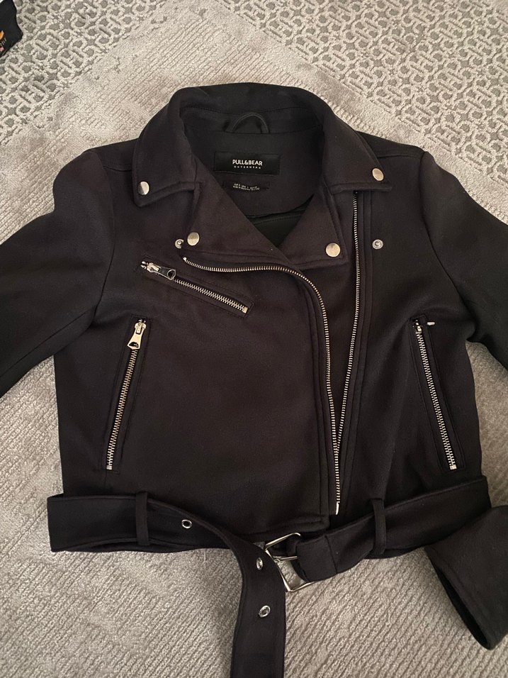Siyah Süet Kemerli Biker Kadın ceket pull and bear - Görsel 2