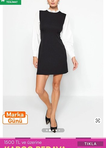 Siyah Yakalı Kollu Elbise - Görsel 2