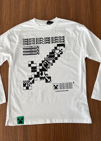 Minecraft Baskılı Beyaz Uzun Kollu Erkek Tişört