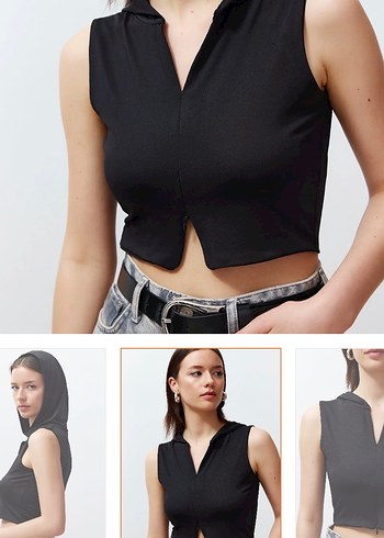 Siyah V Yaka Kolsuz Crop Top