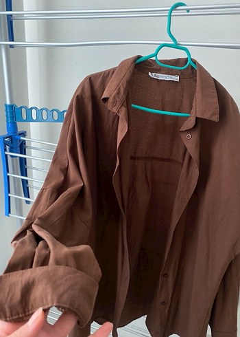 Düğmeli Kahverengi Keten Kadın Gömlek - Görsel 2