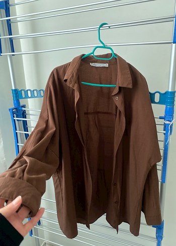 Düğmeli Kahverengi Keten Kadın Gömlek - Görsel 3