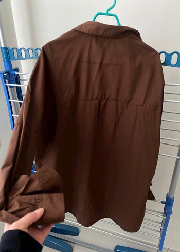 Düğmeli Kahverengi Keten Kadın Gömlek - Görsel 4