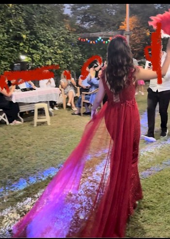 m Beden kırmızı Renk Drapeli V Yaka Kırmızı Uzun kına elbisesi