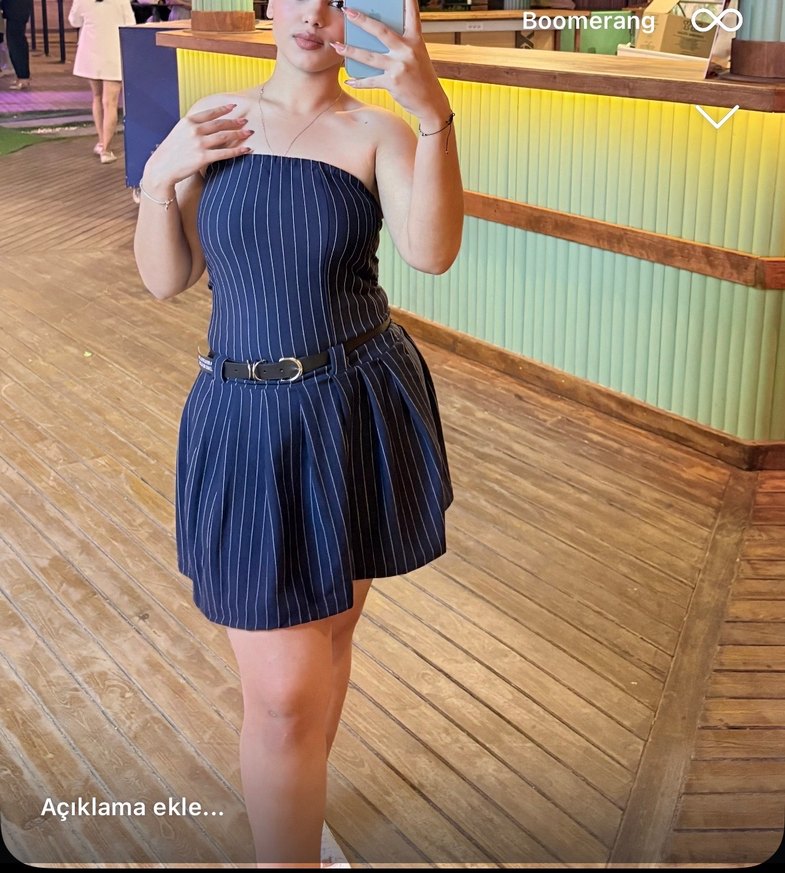 Siyah Çizgili Straplez Midi Elbise - Görsel 2