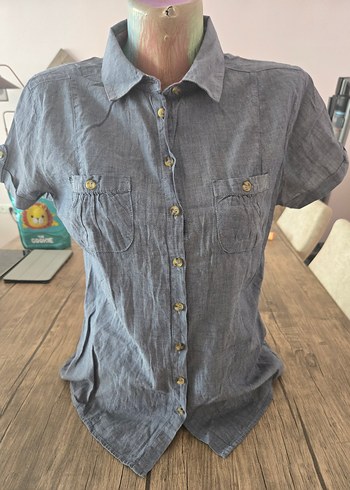 Gri Kadın Kısa Kollu Denim Gömlek