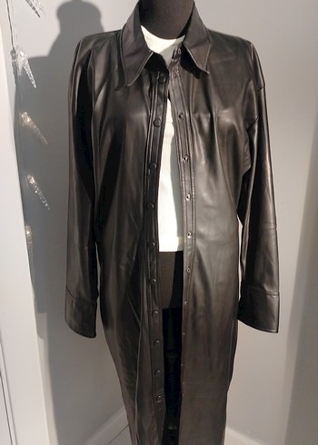 Kadın Siyah Uzun Deri Kemerli Ceket - Görsel 2