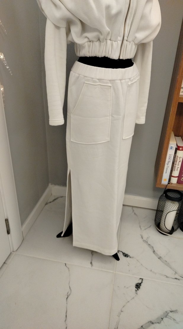 Beyaz Kapüşonlu Kadın Uzun ikili takım - Görsel 4