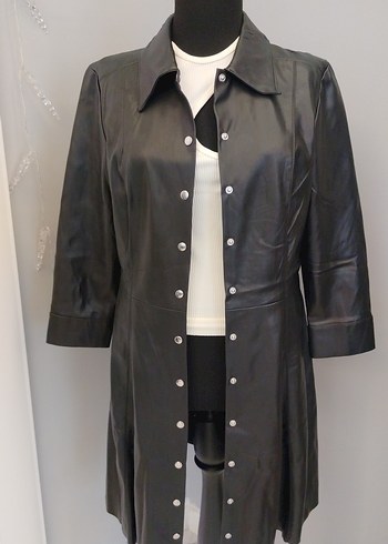 Düğmeli Siyah Deri Kadın Ceket elbise - Görsel 5