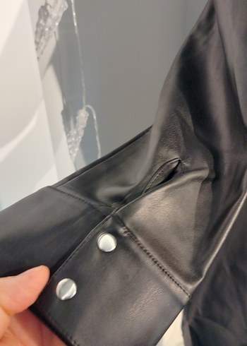 Düğmeli Siyah Deri Kadın Ceket elbise - Görsel 4
