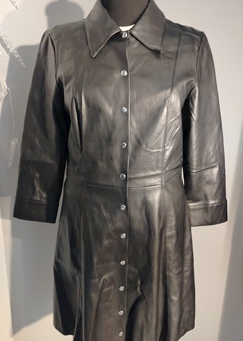 Düğmeli Siyah Deri Kadın Ceket elbise - Görsel 2