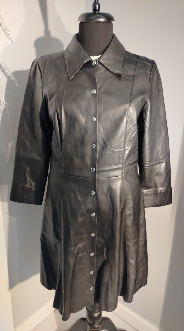 Düğmeli Siyah Deri Kadın Ceket elbise - Görsel 2