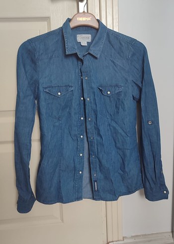 Mavi Parlak Denim Kadın Gömlek