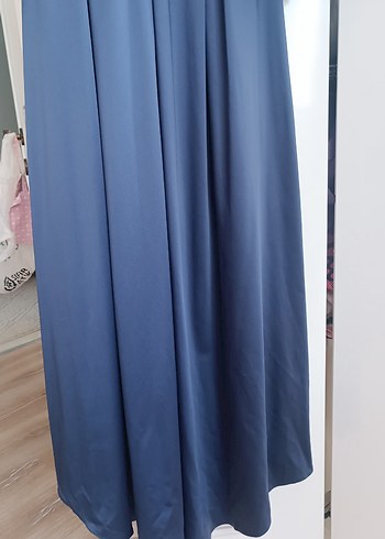 Uzun Kollu Lacivert Piliseli Kadın saten Elbise - Görsel 7