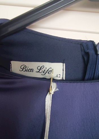 Uzun Kollu Lacivert Piliseli Kadın saten Elbise - Görsel 3