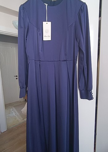 Uzun Kollu Lacivert Piliseli Kadın saten Elbise - Görsel 2