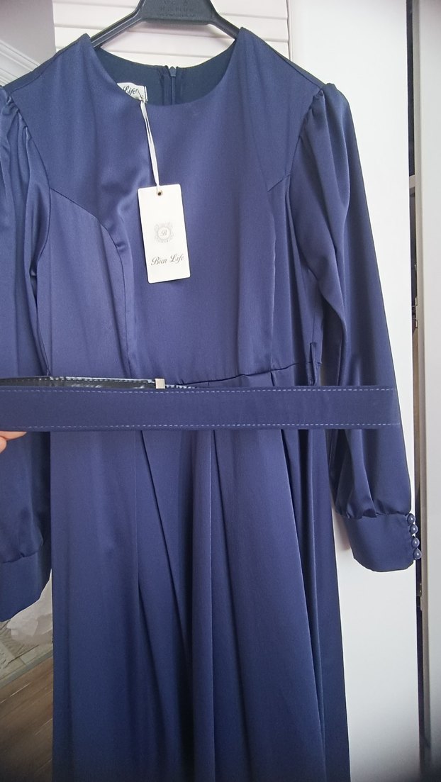 Uzun Kollu Lacivert Piliseli Kadın saten Elbise - Görsel 5