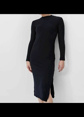 Siyah Yırtmaçlı Uzun Kollu Kadın Elbise - Görsel 2