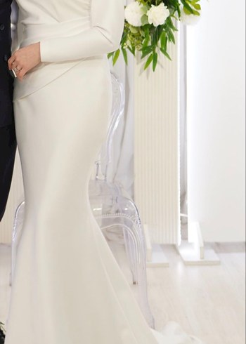 Uzun Kollu Beyaz Drapeli Sade Düğün Elbisesi - Görsel 7