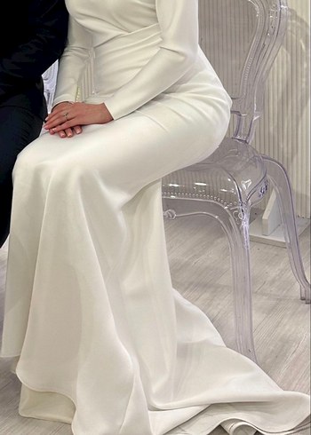 Uzun Kollu Beyaz Drapeli Sade Düğün Elbisesi - Görsel 4