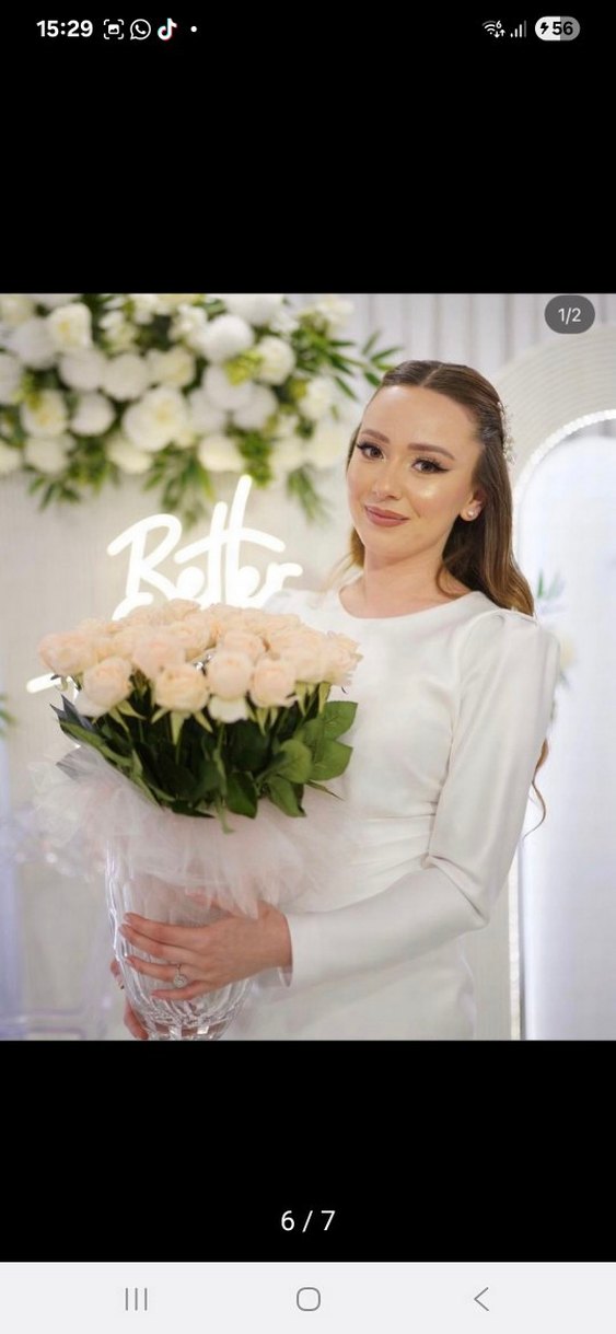 Uzun Kollu Beyaz Drapeli Sade Düğün Elbisesi - Görsel 5