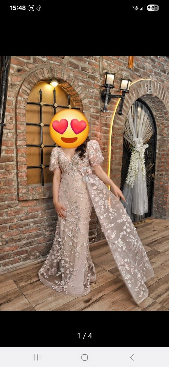 Dantel İşlemeli V Yaka Uzun Nikah Elbisesi - Görsel 4