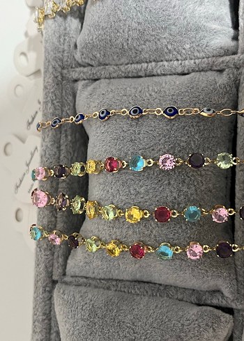 swarovski Renkli Tasli Altin Zincir Bileklik