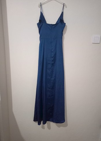 Lacivert Drapeli V Yaka Uzun Kadın Elbise - Görsel 4