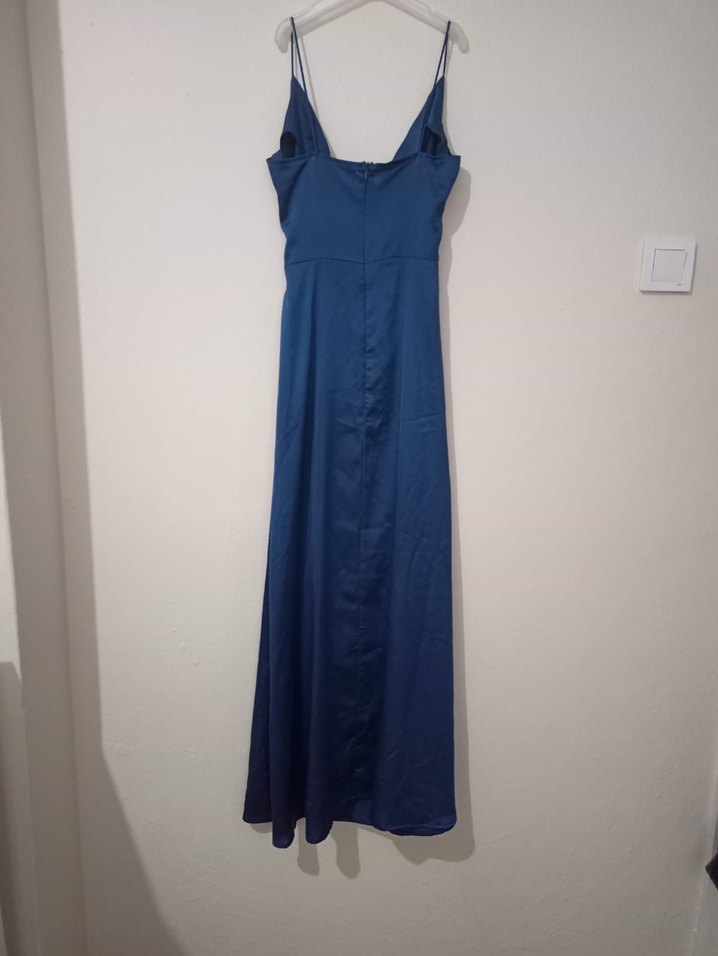 Lacivert Drapeli V Yaka Uzun Kadın Elbise - Görsel 4