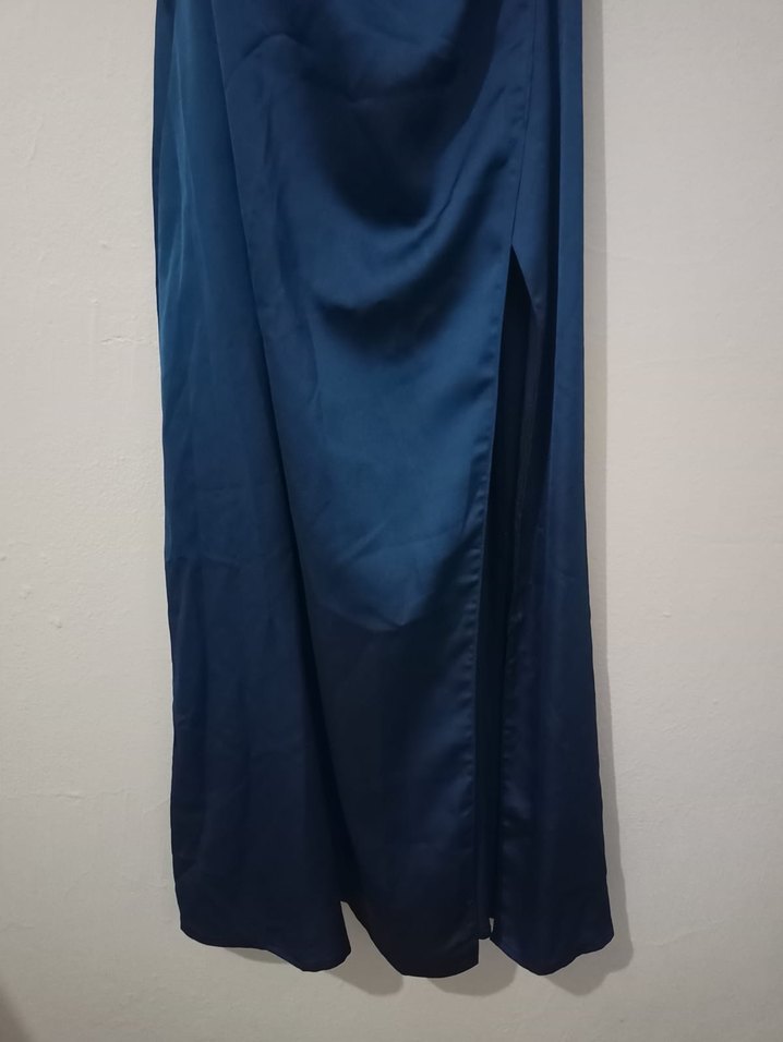 Lacivert Drapeli V Yaka Uzun Kadın Elbise - Görsel 2