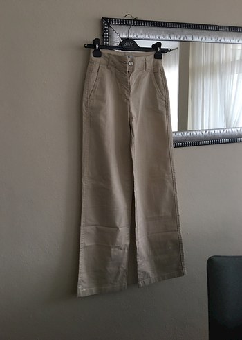 Bej Düğmeli Kadın Keten Pantolon - Görsel 2