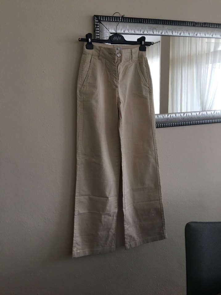 Bej Düğmeli Kadın Keten Pantolon - Görsel 2