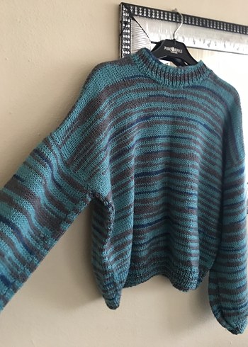 Gri Çizgili Örgü Kadın Kazak - Görsel 2