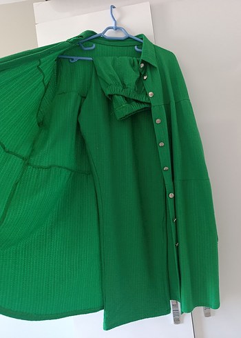 Yeşil Uzun Keten Kadın Gömlek ikili takım - Görsel 3