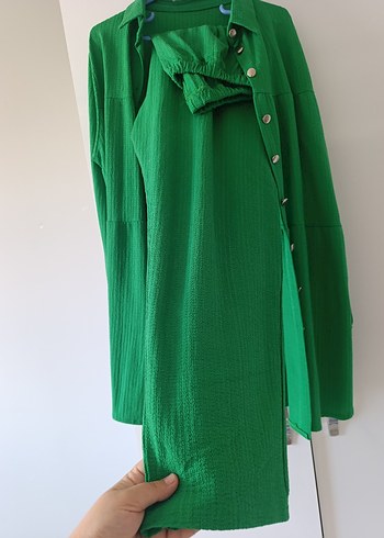 Yeşil Uzun Keten Kadın Gömlek ikili takım - Görsel 4