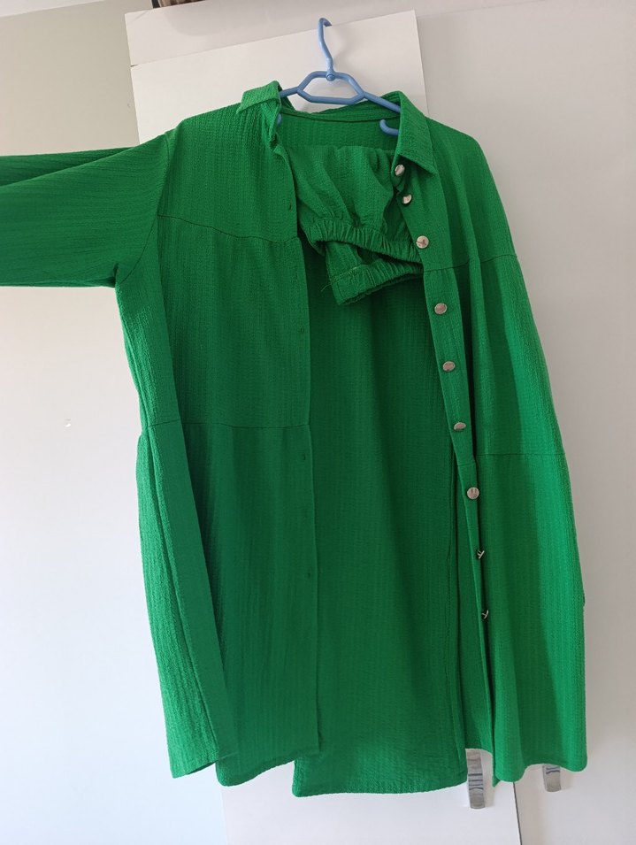 Yeşil Uzun Keten Kadın Gömlek ikili takım - Görsel 2