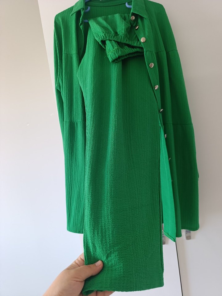 Yeşil Uzun Keten Kadın Gömlek ikili takım - Görsel 4