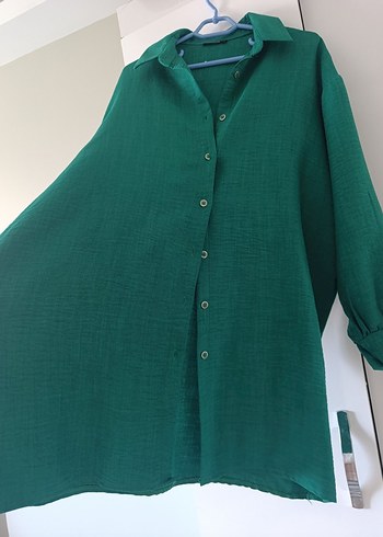 Düğmeli Yeşil Keten Kadın Gömlek - Görsel 3