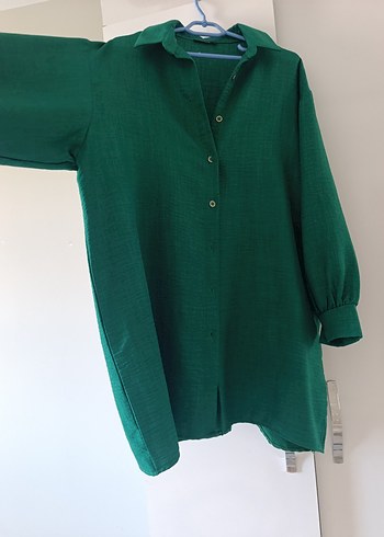 Düğmeli Yeşil Keten Kadın Gömlek - Görsel 2