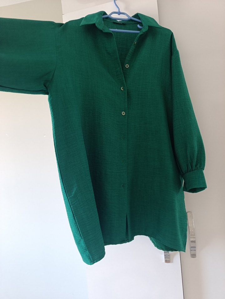 Düğmeli Yeşil Keten Kadın Gömlek - Görsel 2